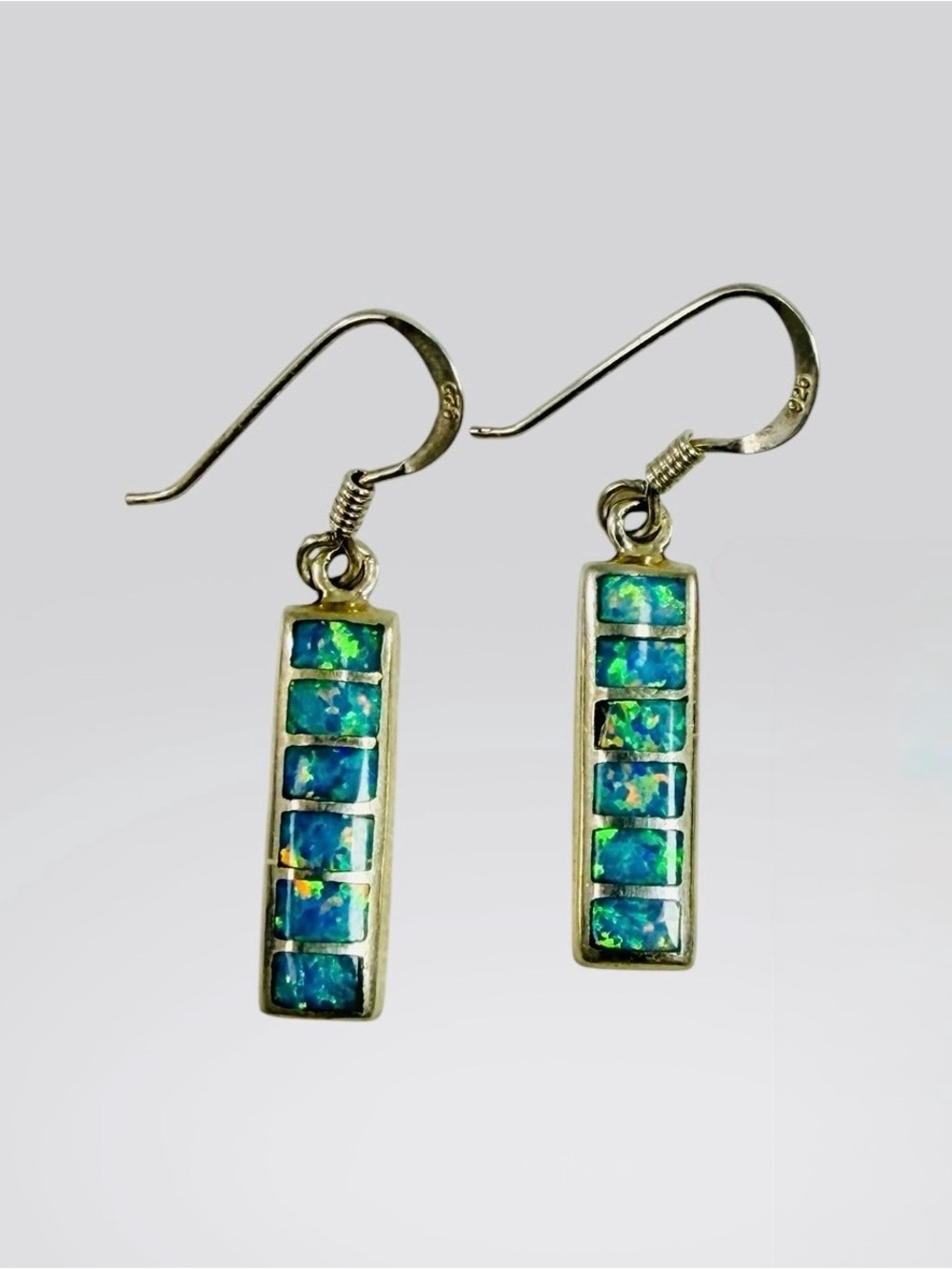 Sterling Silver 925 Fire Opal Earrings Blue Green Bar Dangle Drop Boho Southwest